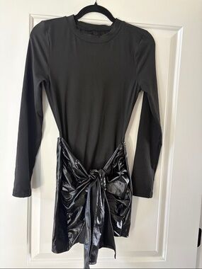 Sexy Black Long Sleeve Dress with Faux Leather Wrap Front Detail at Waist